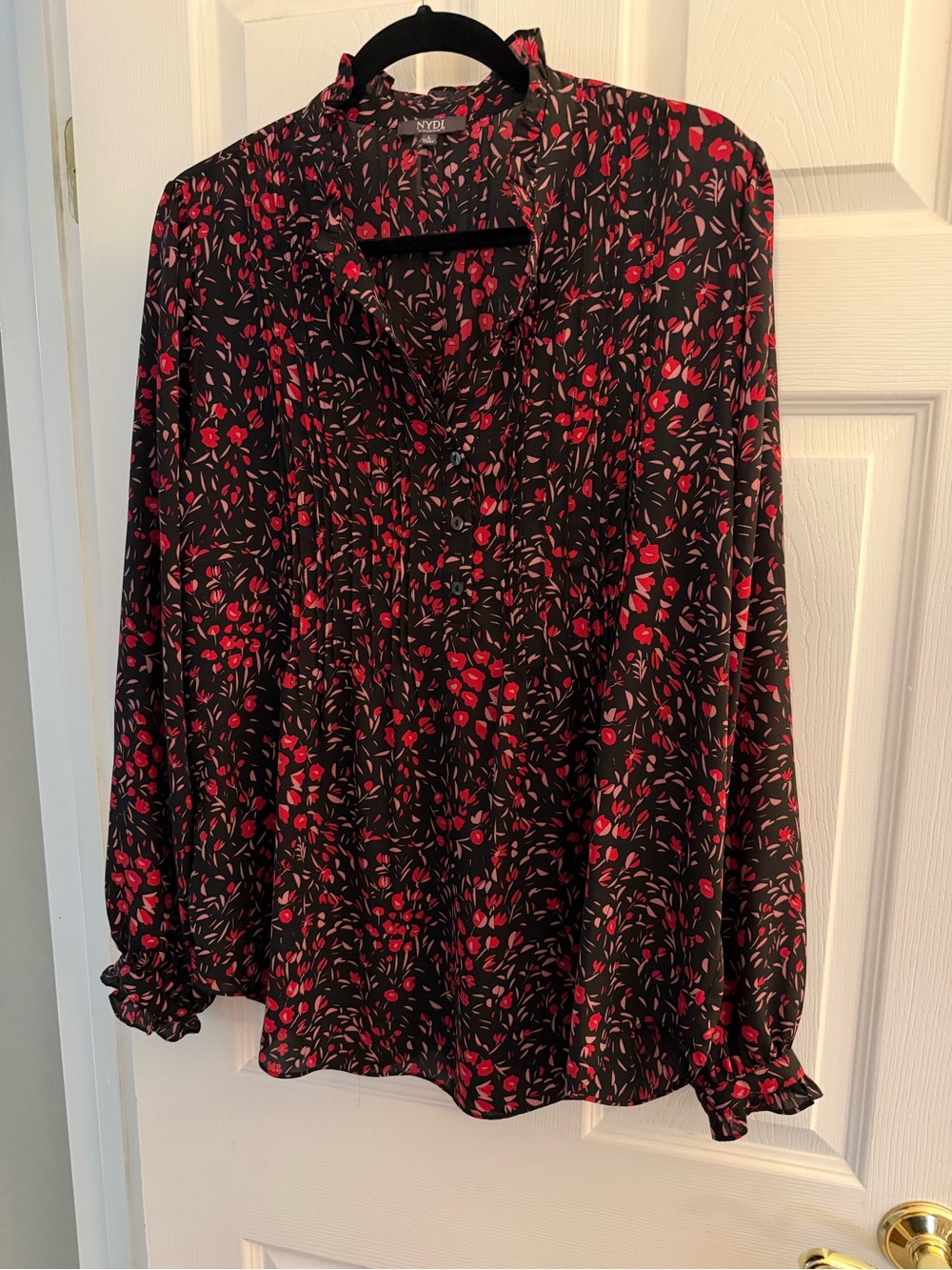 NYDJ Black Floral V-Neck Long Sleeve Blouse with Red Accents